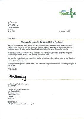 Thank you letter from Devizes foodbank